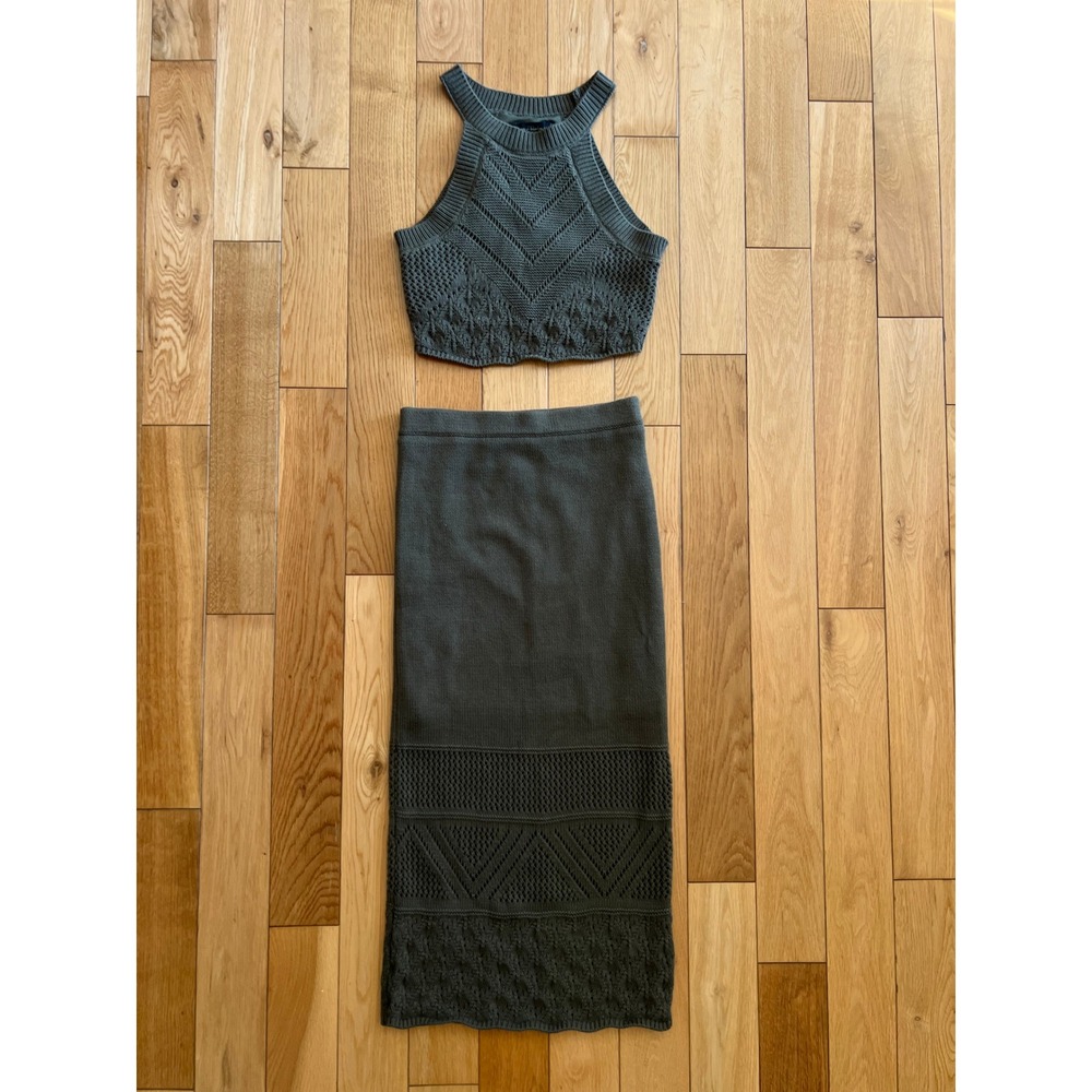 House of Harlow 1960 Crochet Midi Skirt Set Knit Tank Olive Green Womens Size XS